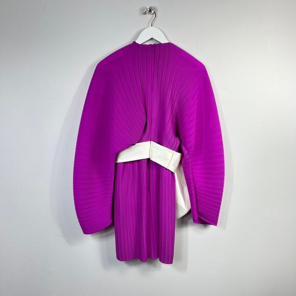 Solace London Tanzy Fuchsia Pleated White Bow Long Sleeve Mini Cocktail Dress - Picture 12 of 16